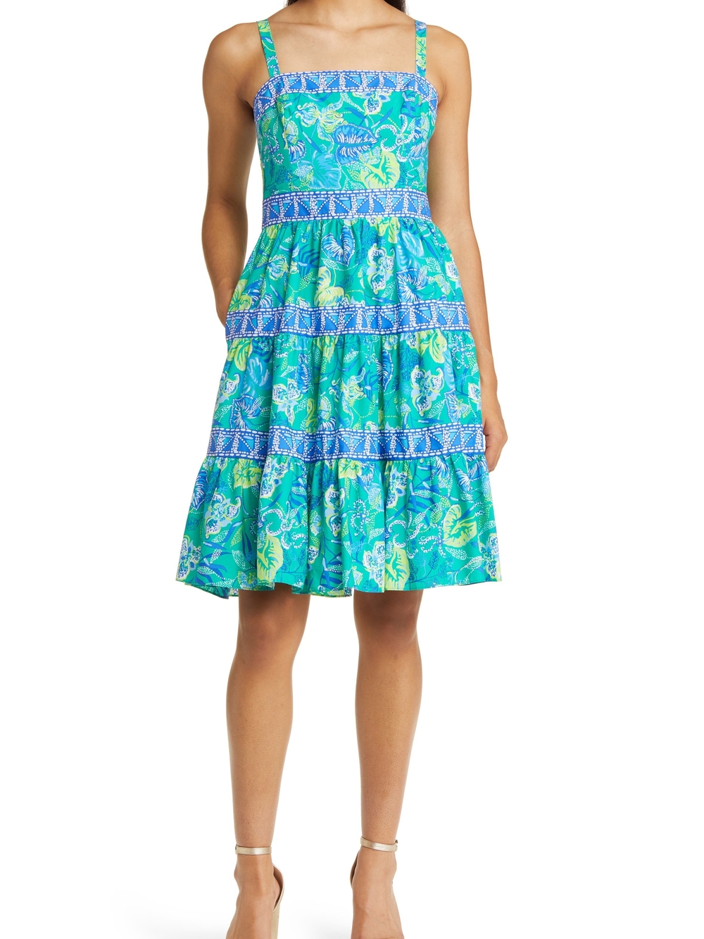 Green and Blue Floral Tiered Midi Dress with Smocked Bodice